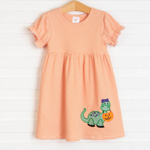 Spooky-saurus Applique Dress, Orange Stripe