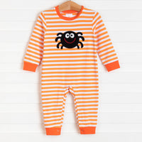 Spooky Spider Applique Boy Romper, Orange Stripe