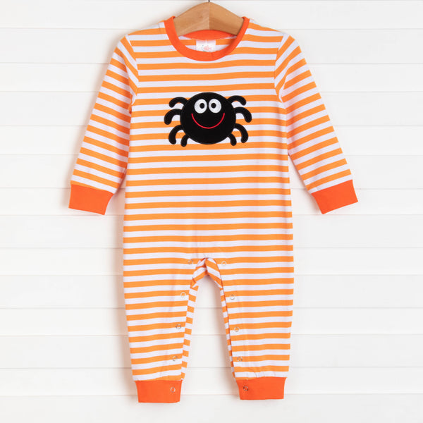 Spooky Spider Applique Boy Romper, Orange Stripe