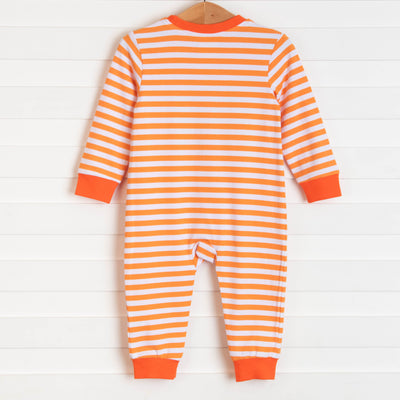 Spooky Spider Applique Boy Romper, Orange Stripe