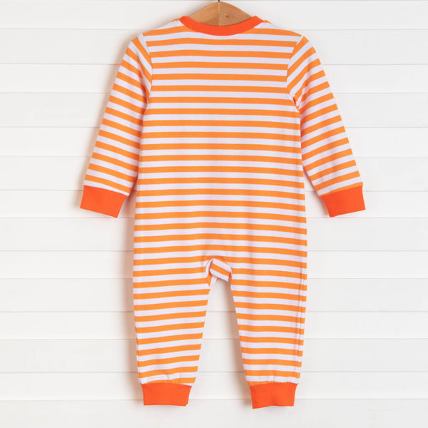 Spooky Spider Applique Boy Romper, Orange Stripe