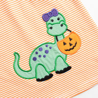 Spooky-saurus Applique Dress, Orange Stripe