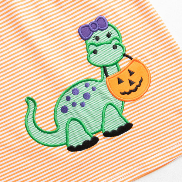 Spooky-saurus Applique Dress, Orange Stripe