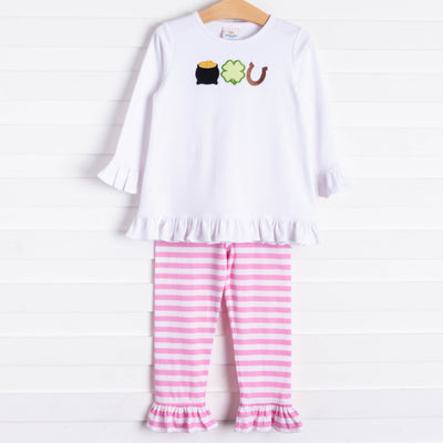 Lucky Day Applique Ruffle Pant Set, Pink