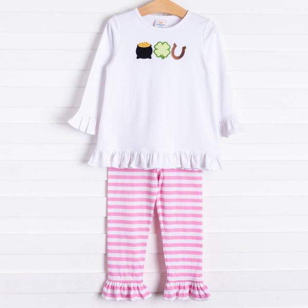 Lucky Day Applique Ruffle Pant Set, Pink
