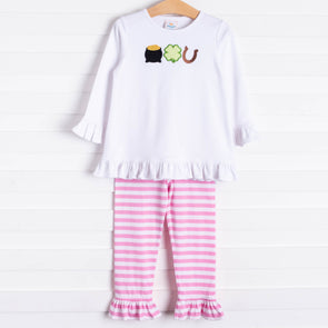 Lucky Day Applique Ruffle Pant Set, Pink