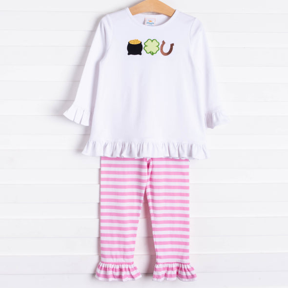 Lucky Day Applique Ruffle Pant Set, Pink
