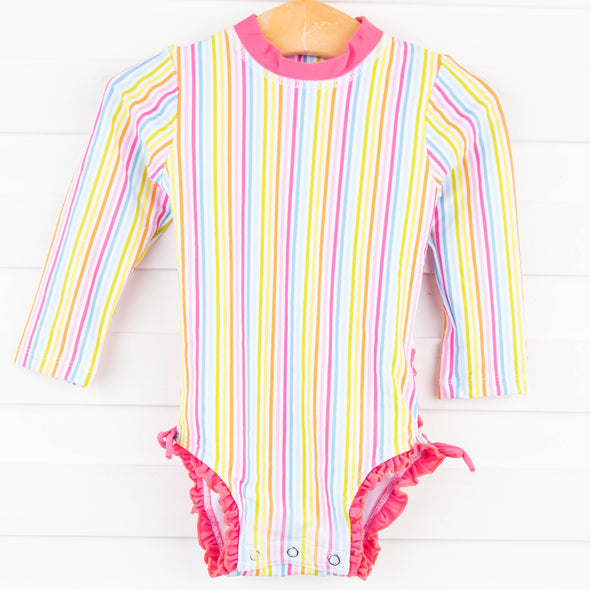 Sorbet Striped Long Sleeve One Piece Rashguard, Pink