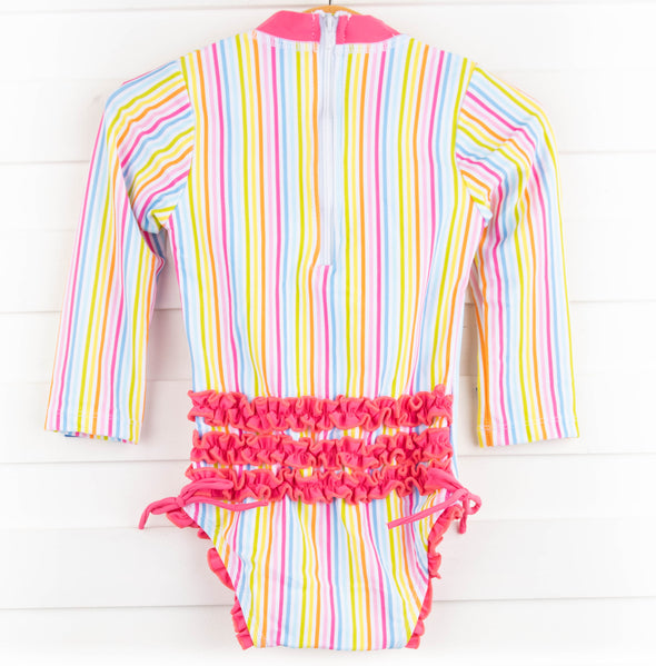 Sorbet Striped Long Sleeve One Piece Rashguard, Pink