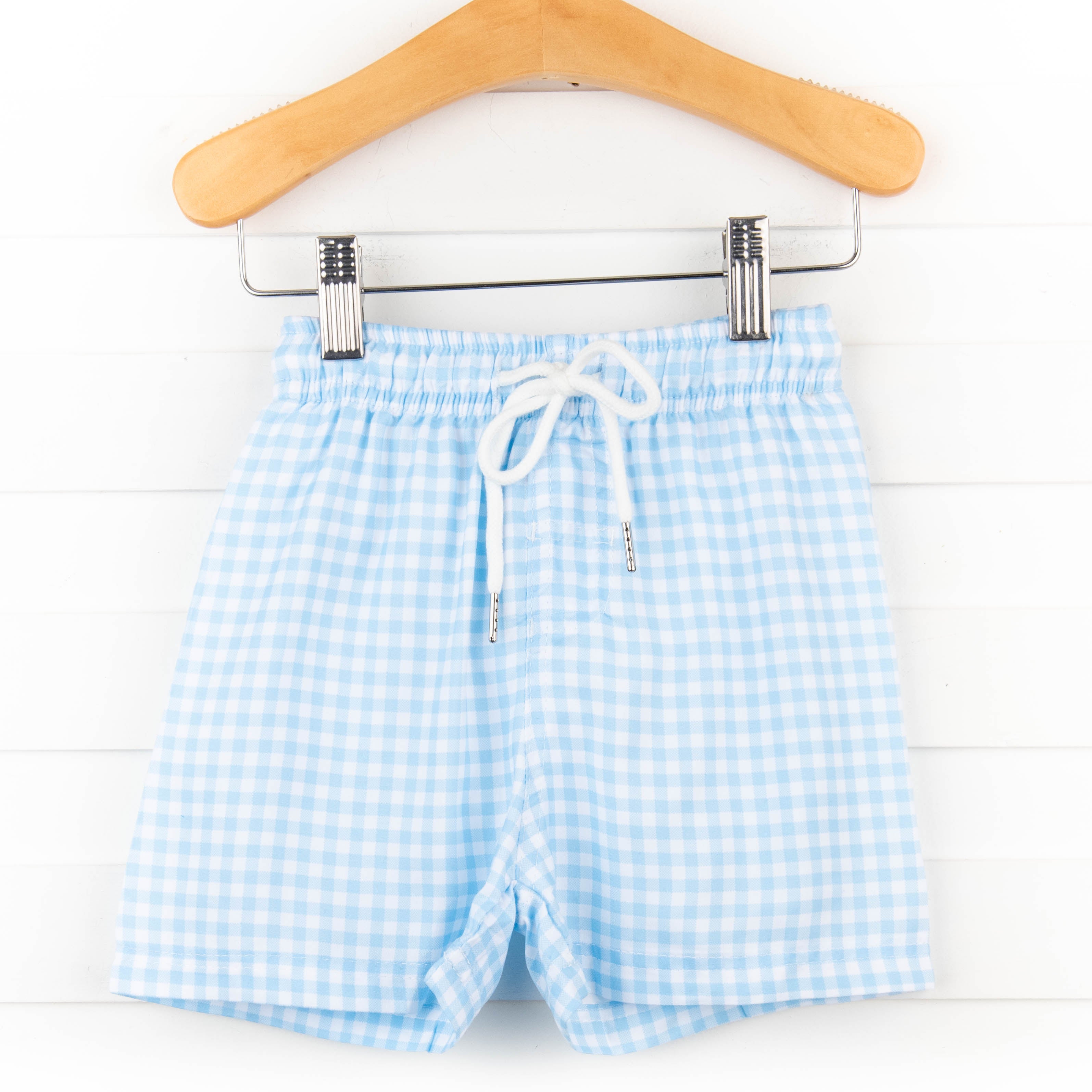 Clear Waters Gingham Swim Trunks Blue Stitchy Fish