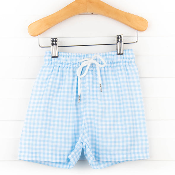 Clear Waters Gingham Swim Trunks, Blue