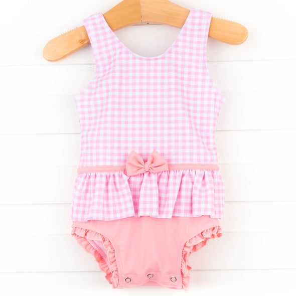 Tickled Pink Gingham Peplum One Piece, Pink