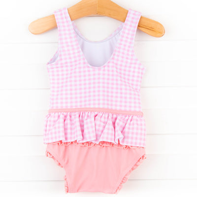 Tickled Pink Gingham Peplum One Piece, Pink