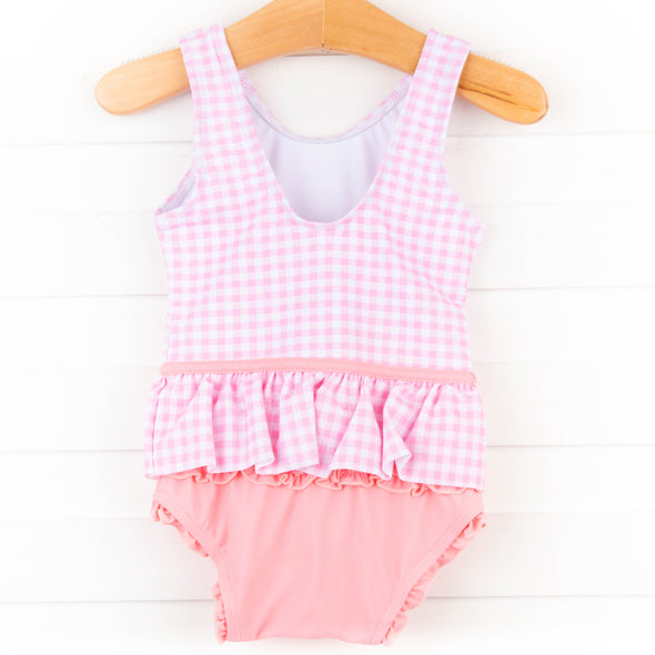 Tickled Pink Gingham Peplum One Piece, Pink