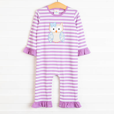 Owl Be There Applique Ruffle Romper, Purple