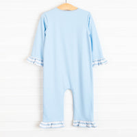 Stand Tall Applique Ruffle Romper, Blue