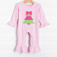 Rockin Around the Christmas Tree Applique Ruffle Romper, Pink Stripe