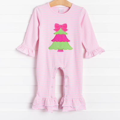 Rockin Around the Christmas Tree Applique Ruffle Romper, Pink Stripe
