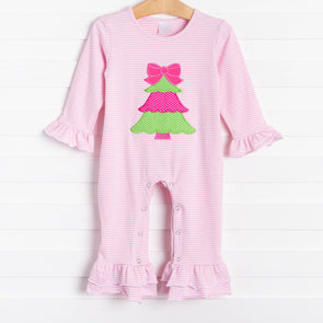 Rockin Around the Christmas Tree Applique Ruffle Romper, Pink Stripe