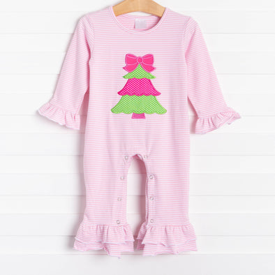 Rockin Around the Christmas Tree Applique Ruffle Romper, Pink Stripe
