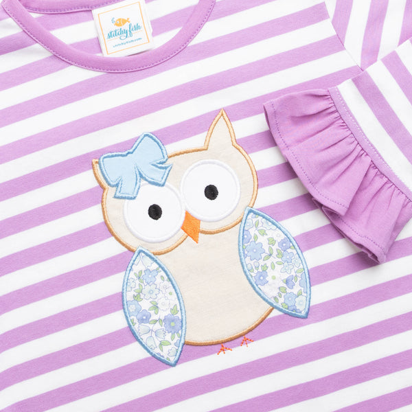 Owl Be There Applique Ruffle Romper, Purple