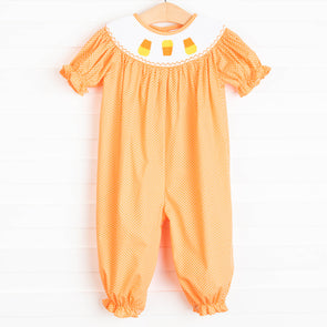 Candy Corn Cutie Smocked Bubble Romper, Orange