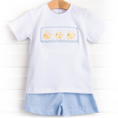 Whale of a Time Smocked Short Set, Light Blue Stripe