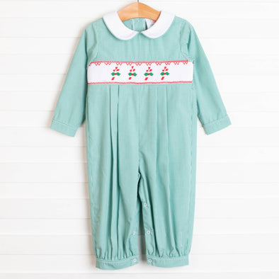 Candy Cane Lane Smocked Romper, Green