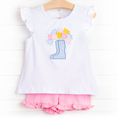Rain Showers and Flowers Applique Short Set, Pink