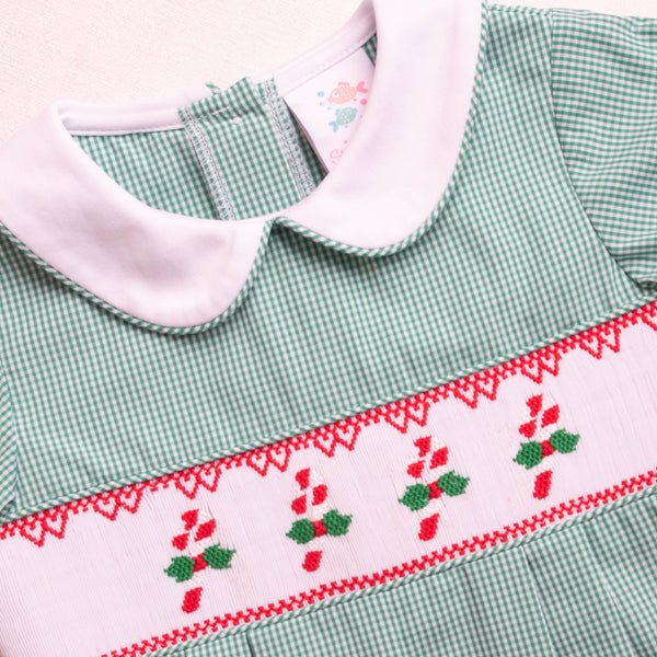 Candy Cane Lane Smocked Romper, Green