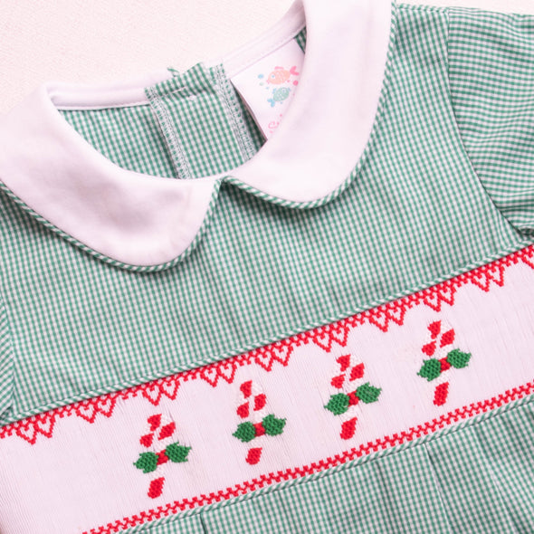 Candy Cane Lane Smocked Romper, Green