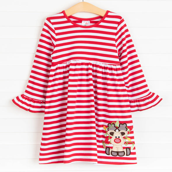 Rudy Reindeer Applique Dress, Red Stripe