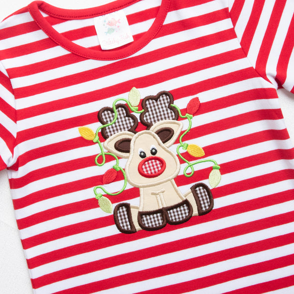 Rudy Reindeer Applique Romper, Red Stripe