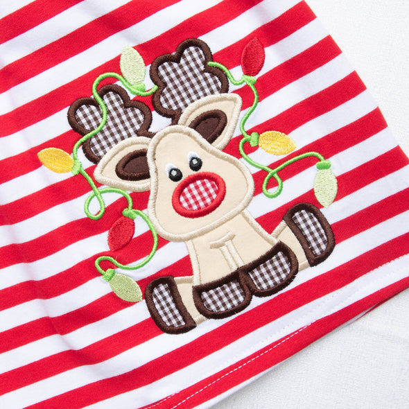 Rudy Reindeer Applique Dress, Red Stripe