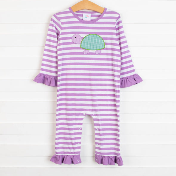 Turtle-y Cute Applique Ruffle Romper, Purple