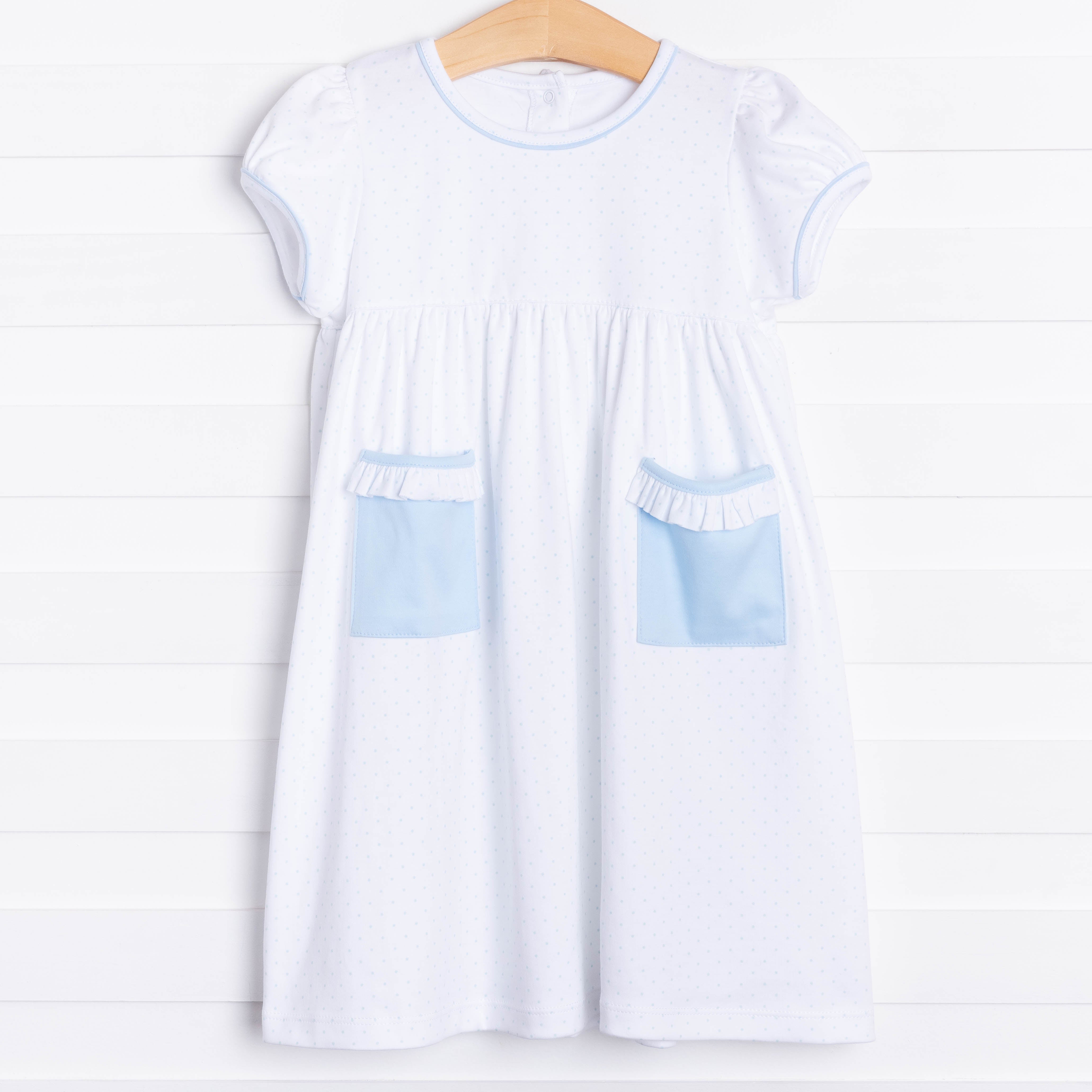 Girl's Macy Pima Popover Dress with Pockets in Blue size 18M | Stitchy Fish Girl's Macy Pima Popover Dress with Pockets in Blue size 18M | Stitchy Fish