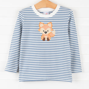 Friendly Fox Applique Shirt, Blue Stripe