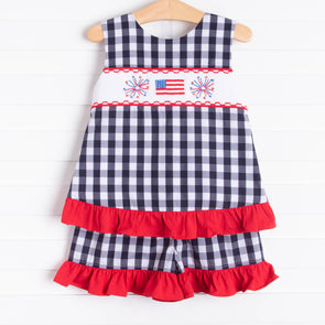 Free to Sparkle Ruffle Short Set, Navy Check