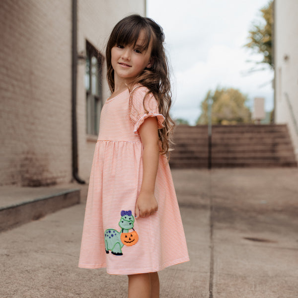 Spooky-saurus Applique Dress, Orange Stripe