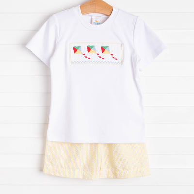 New Heights Smocked Short Set, Yellow Seersucker