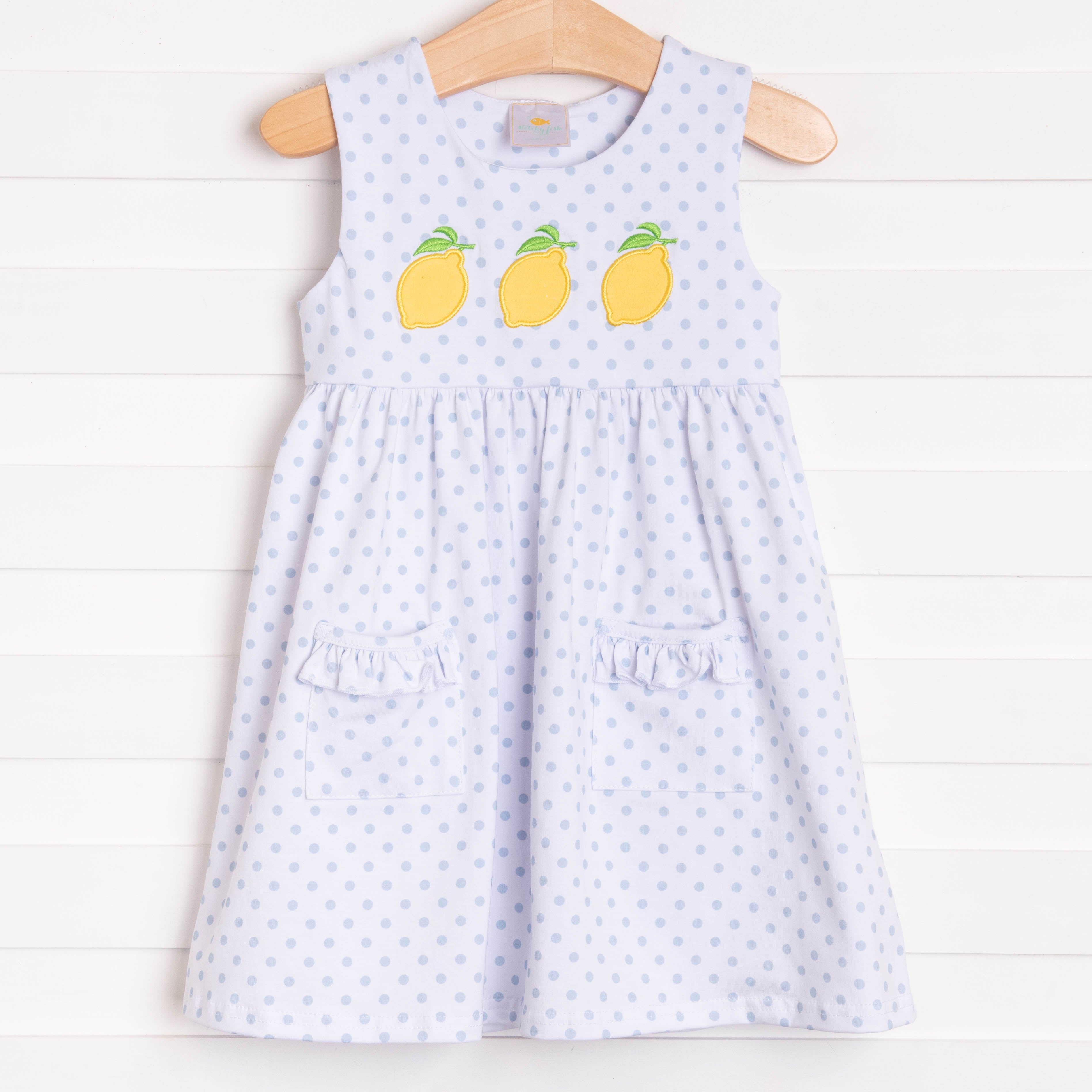 Lucky Lemons Applique Dress, Blue Dot Stitchy Fish Lucky Lemons Applique Dress, Blue Dot Stitchy Fish