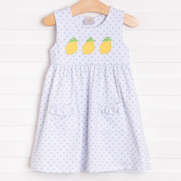 Lucky Lemons Applique Dress, Blue Dot