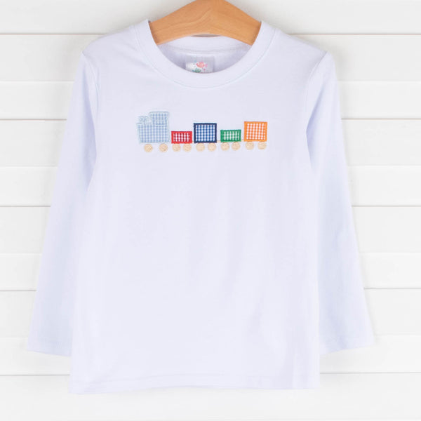 Gingham Train Applique Long Sleeve Shirt, White