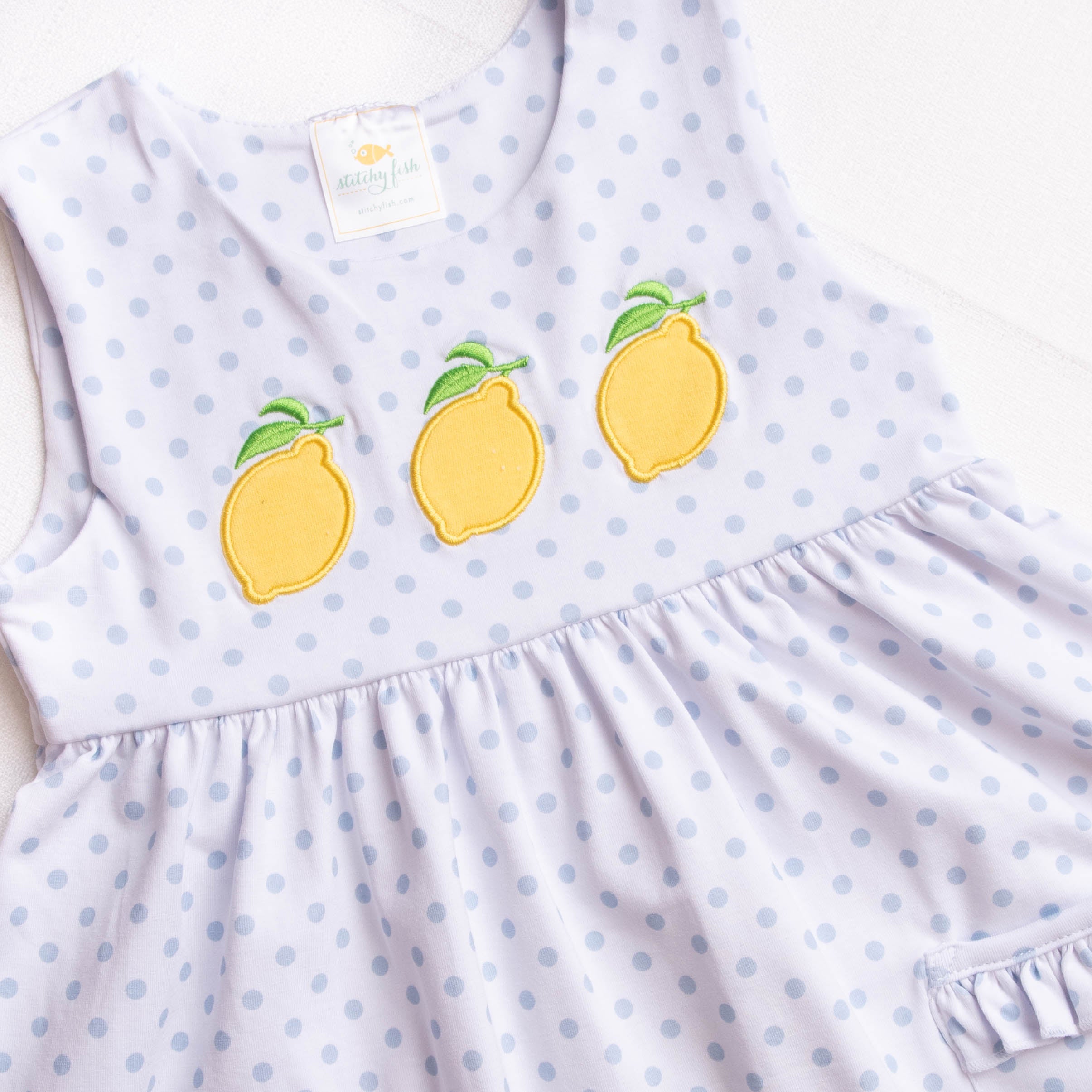 Lucky Lemons Applique Dress, Blue Dot Stitchy Fish Lucky Lemons Applique Dress, Blue Dot Stitchy Fish
