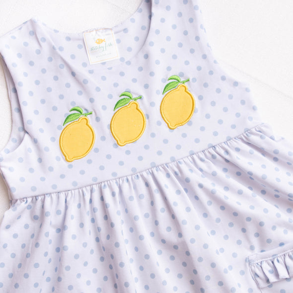 Lucky Lemons Applique Dress, Blue Dot