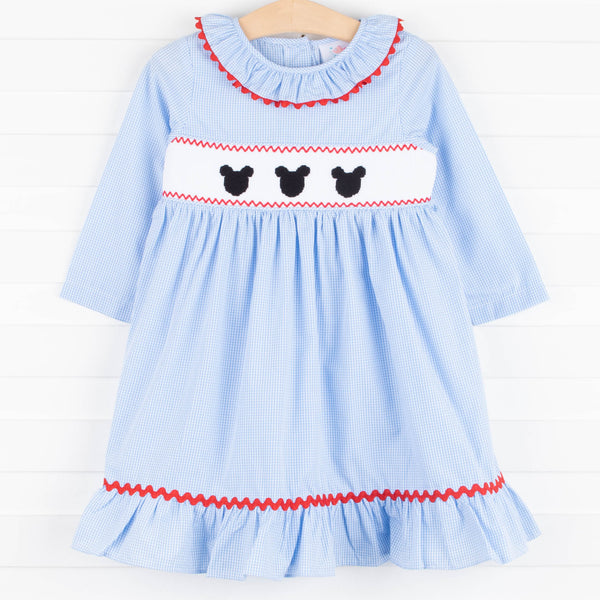 Girl's Mouse Friends Smocked Dress in Blue size 6
