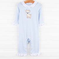 Deer Friend Ruffle Romper, Blue