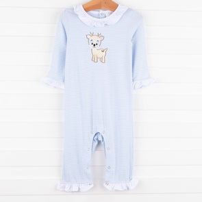 Deer Friend Ruffle Romper, Blue