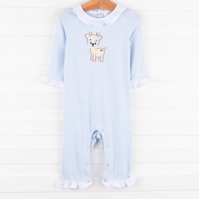 Deer Friend Ruffle Romper, Blue