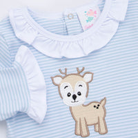 Deer Friend Ruffle Romper, Blue